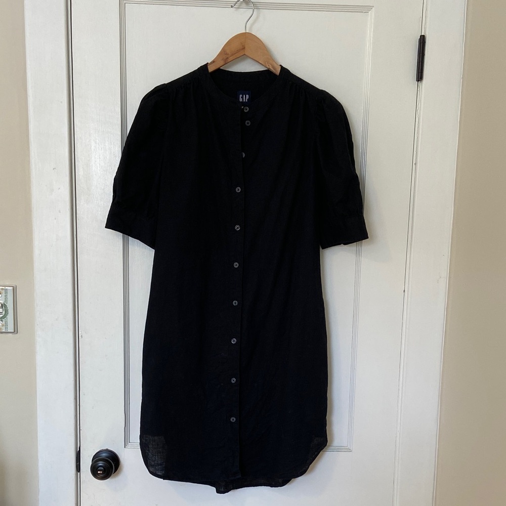 GAP Linen Blend Puff Sleeve Black Dress - EUC- size M